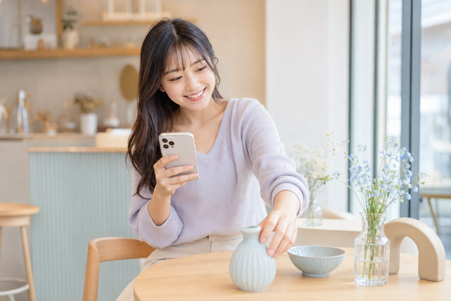 スマートフォンでSNS用の写真を撮る女性